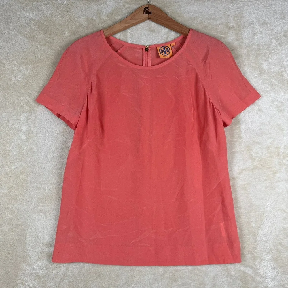 Tory Burch 100% Silk Top Women's Size‎ 6 Coral Pink Short Sleeve Blouse